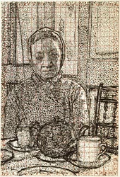 1916年から1917年の朝食テーブルでのマウンター夫人（ペンと黒のインク、部分的に傷、赤のインクで四角）